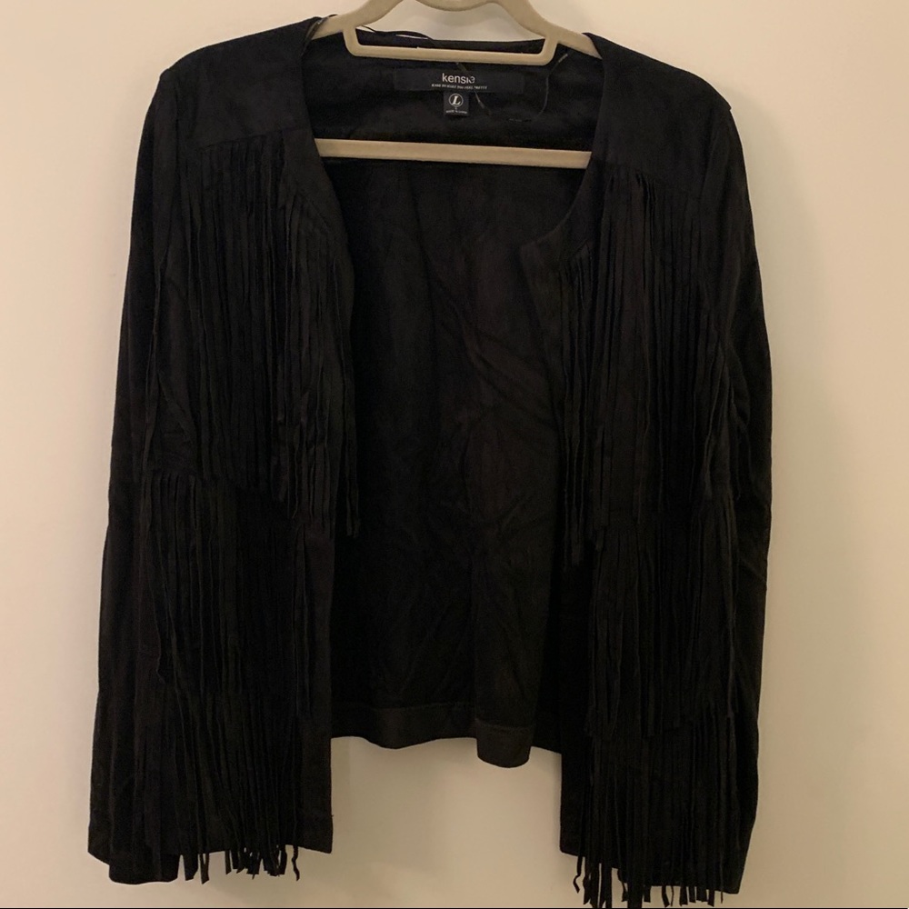 Black faux suede fringe jacket